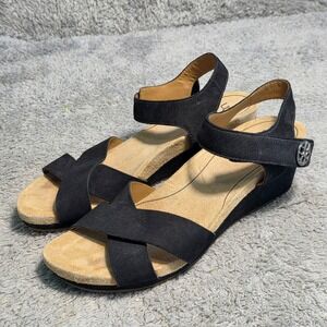 UGG Wedge Sandals Black Nubuck Leather Adjustable Ankle Strap‎ Women 8 Excellent